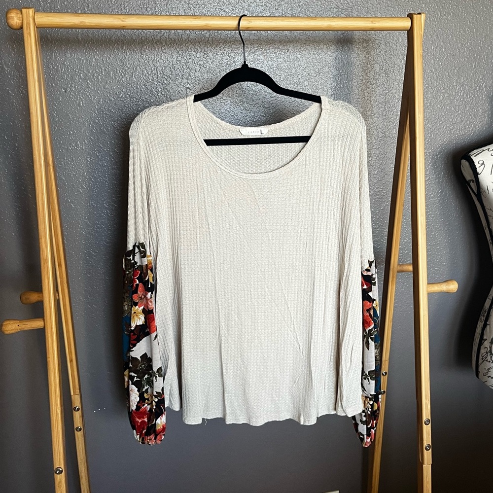entro Cream Waffle Knit Long Sleeve Top with Floral Accent Sleeves